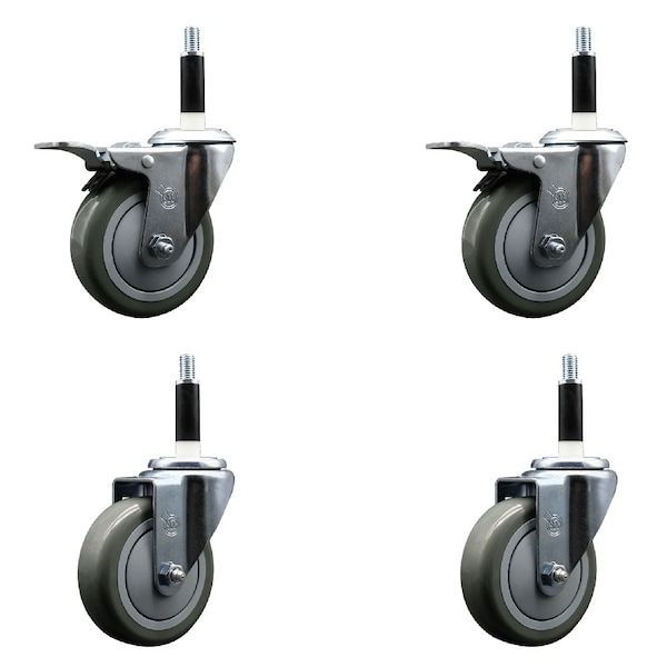 4'' Gray Poly Swivel 7/8'' Expanding Stem Caster Set 2 Total Lock Brakes, 4PK